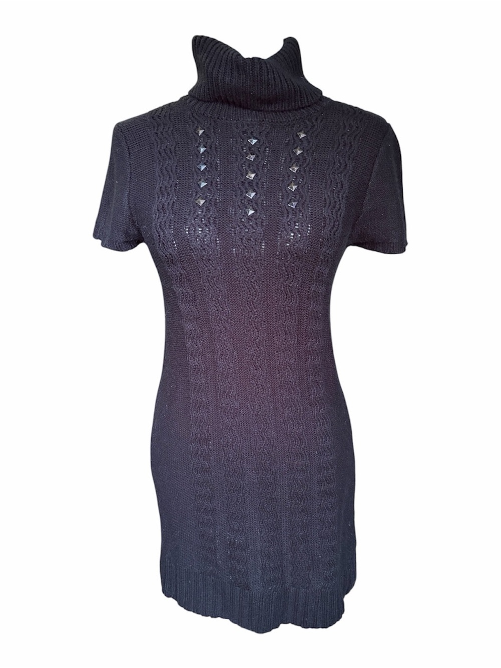 Dex Black Short-Sleeve Cable Knit Turtleneck Dress with Stud Accents Size XS